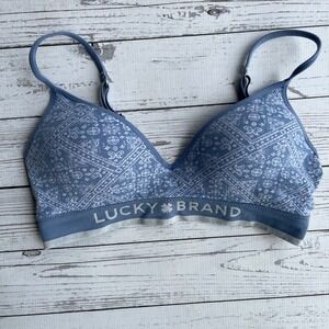 Lucky Brand Womens Blue Bandana Paisley Bralette Wireless Logo Band Bra 34B